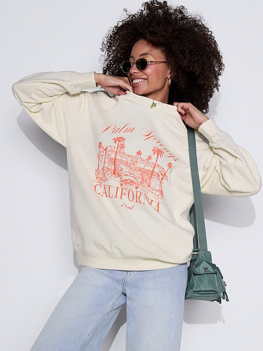 NWT PINK Campus Fleece Oversized Crew Neck Sweatshirt Palm Springs California